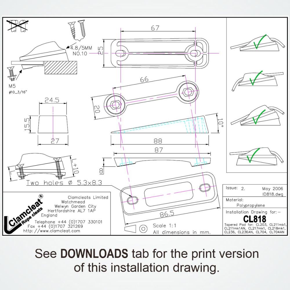 Ronstan Clamcleat Tapered Pad for CL203 & Mk1 Juniors CL818