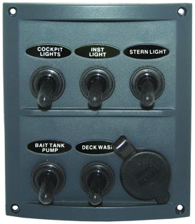 5 switch panel with cig socket, 125mm x 112mm fascia. 60mm depth