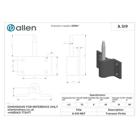 Allen Four Hole Transom Pintle With 8mm Pin A.519