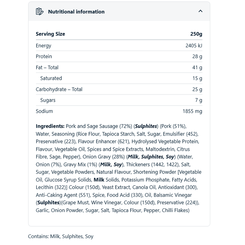 On Track Meals Aussie Pork Snags 250g