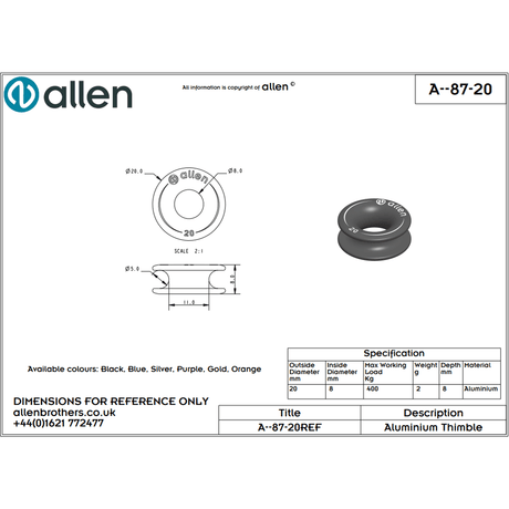 Allen 20mm x 8mm x 8mm Aluminium thimble Gold