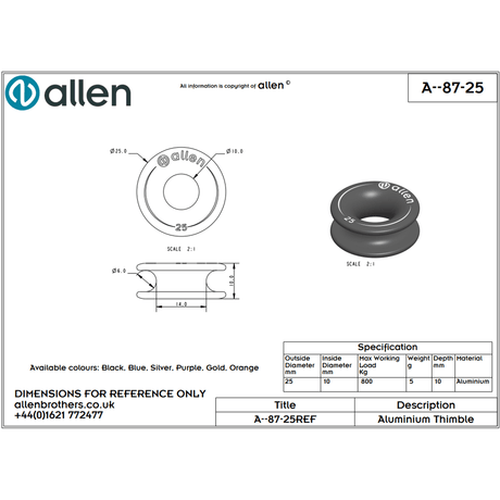 Allen 25mm x 10mm x 10mm Aluminium thimble Silver